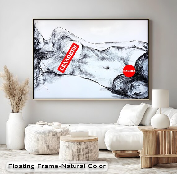 Censored Nude Figure Charcoal Sketch Satirical Red Stamp Art Poster