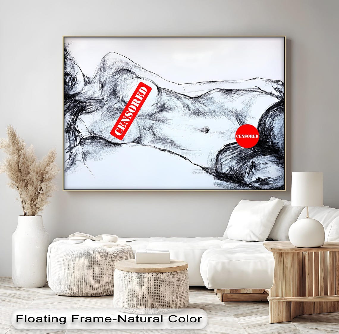 Censored Nude Figure Charcoal Sketch Satirical Red Stamp Art Poster
