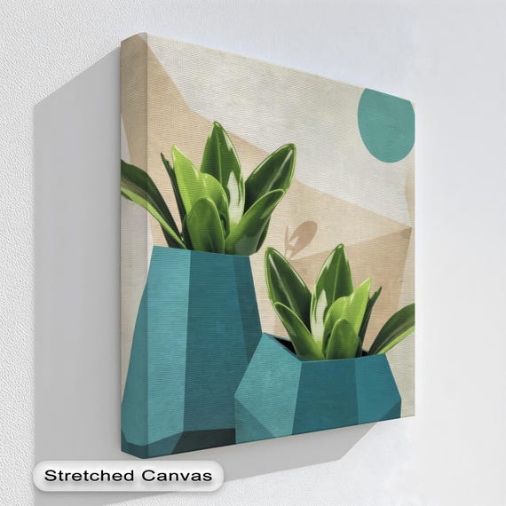 Geometric Plant Pot Canvas Art Modern Botanical Print With Natural Frame