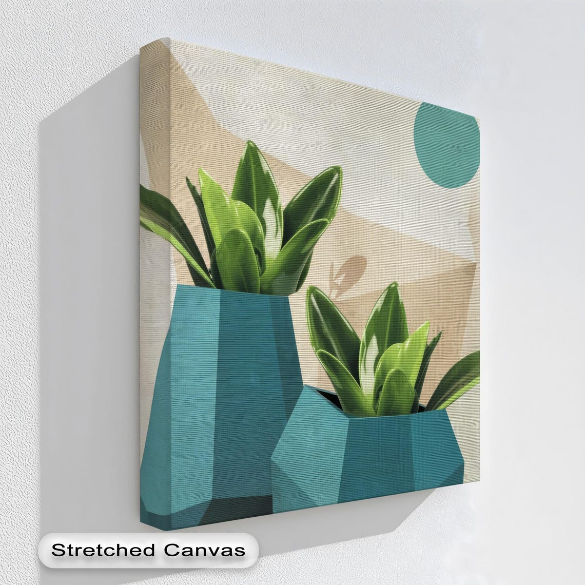 Modern Geometric Teal Potted Plants Botanical Canvas Wall Art