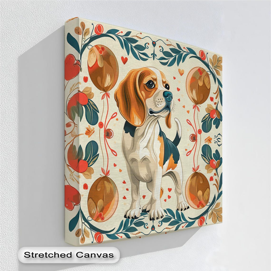 Beagle Dog Folk Art Canvas Poster Balloons Hearts Vintage Pet Decor