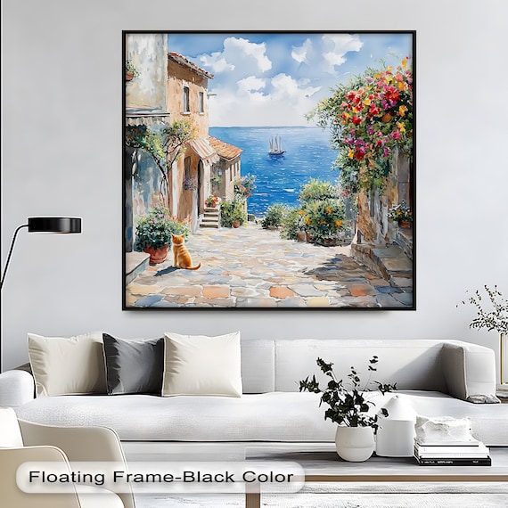 Mediterranean Coastal Village Street Orange Cat Sea View Poster