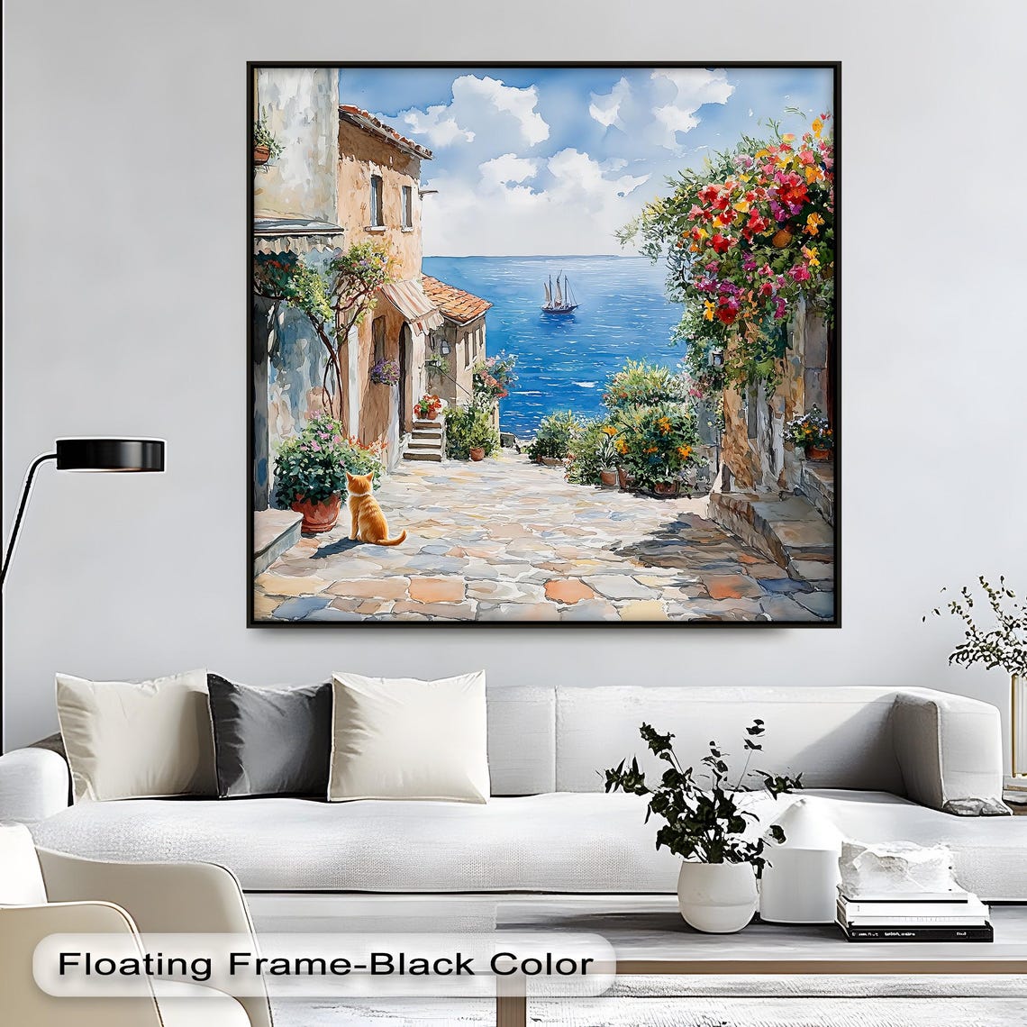 Mediterranean Coastal Village Street Orange Cat Sea View Poster