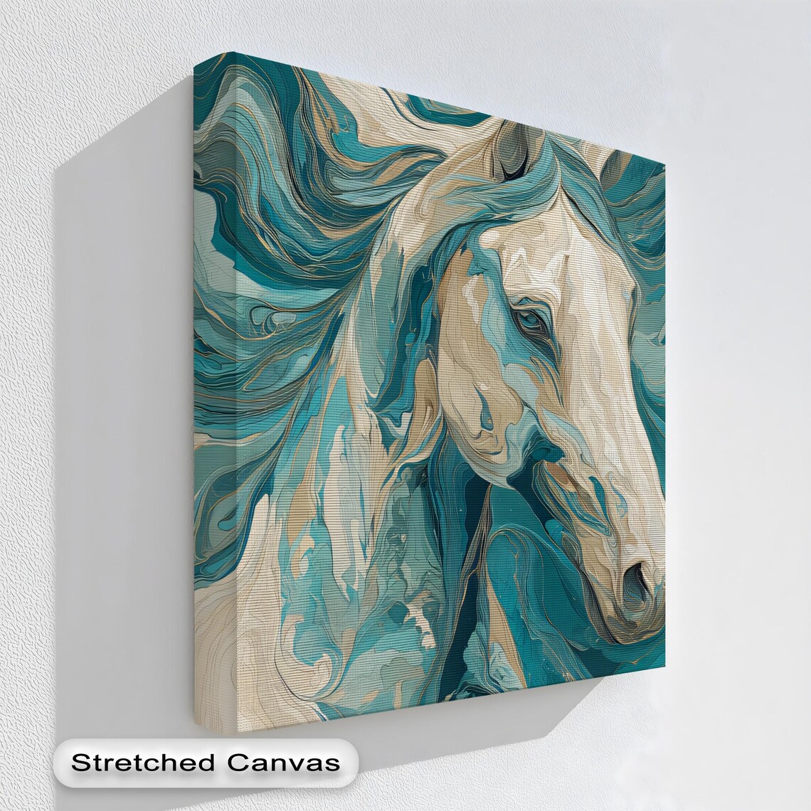 Blue Abstract Horse Canvas Print Teal Beige Equestrian Wall Art