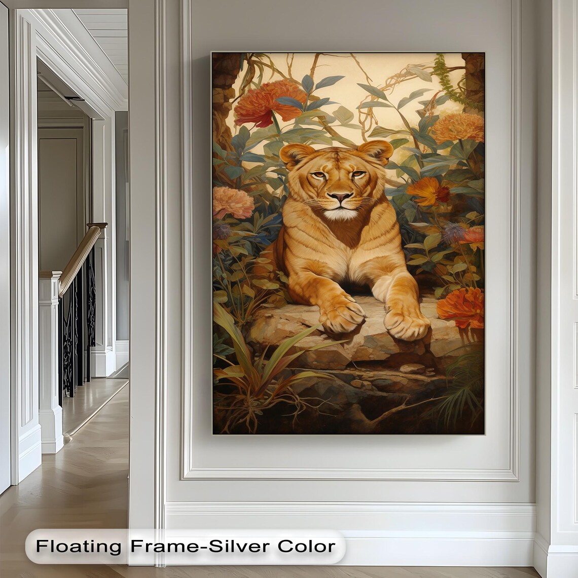 Lioness Among Tropical Flowers Elegant Jungle Wildlife Art Poster