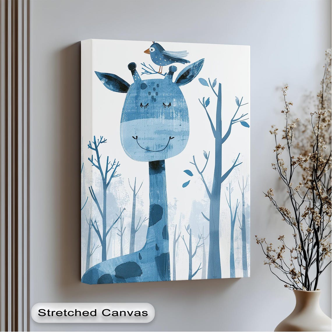 Blue Giraffe Bird Canvas Art Whimsical Kids Nursery Decor