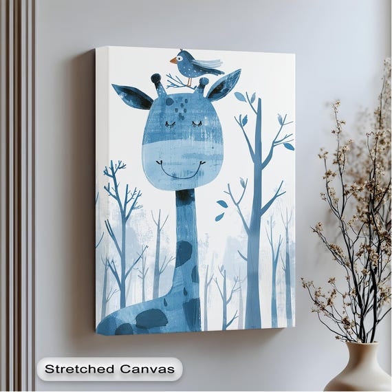 Blue Giraffe Bird Canvas Art Whimsical Kids Nursery Decor