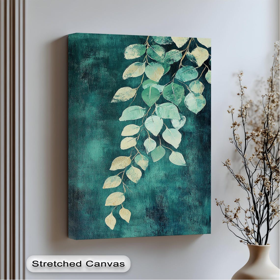 Teal And Gold Leaf Canvas Print Modern Botanical Wall Art With Black Frame