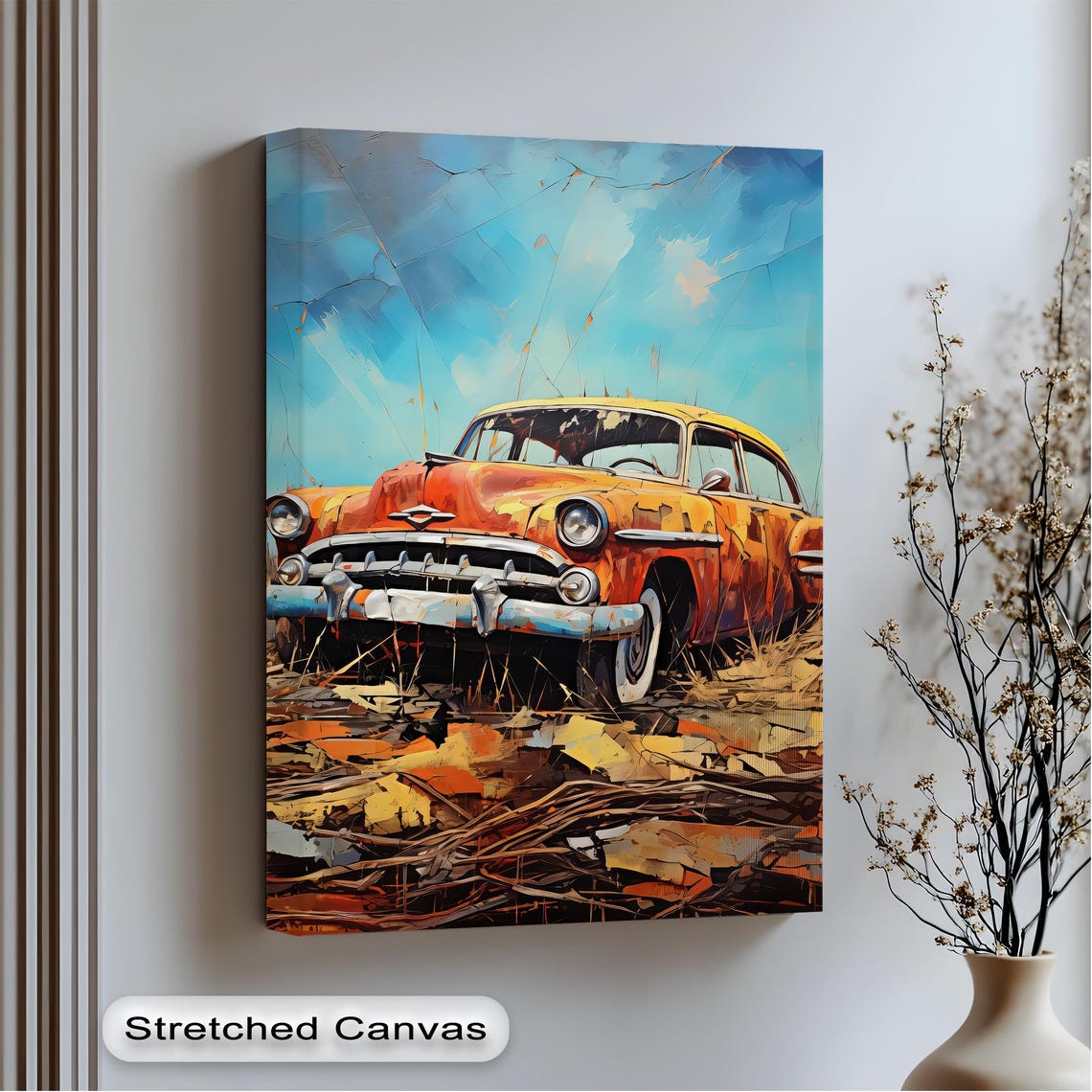 Retro Orange 1950s Classic Car Autumn Leaves Painterly Art Poster