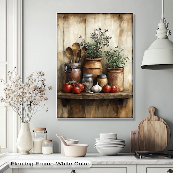 Rustic Kitchen Shelf Tomatoes Herbs Jars Farmhouse Culinary Still Life Poster