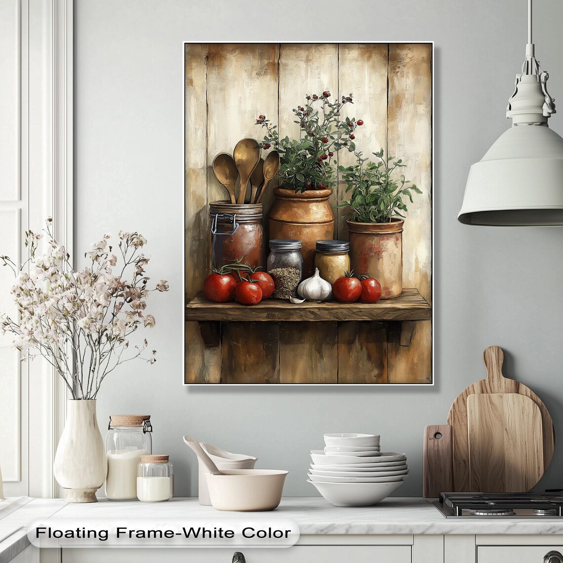 Rustic Kitchen Shelf Tomatoes Herbs Jars Farmhouse Culinary Still Life Poster
