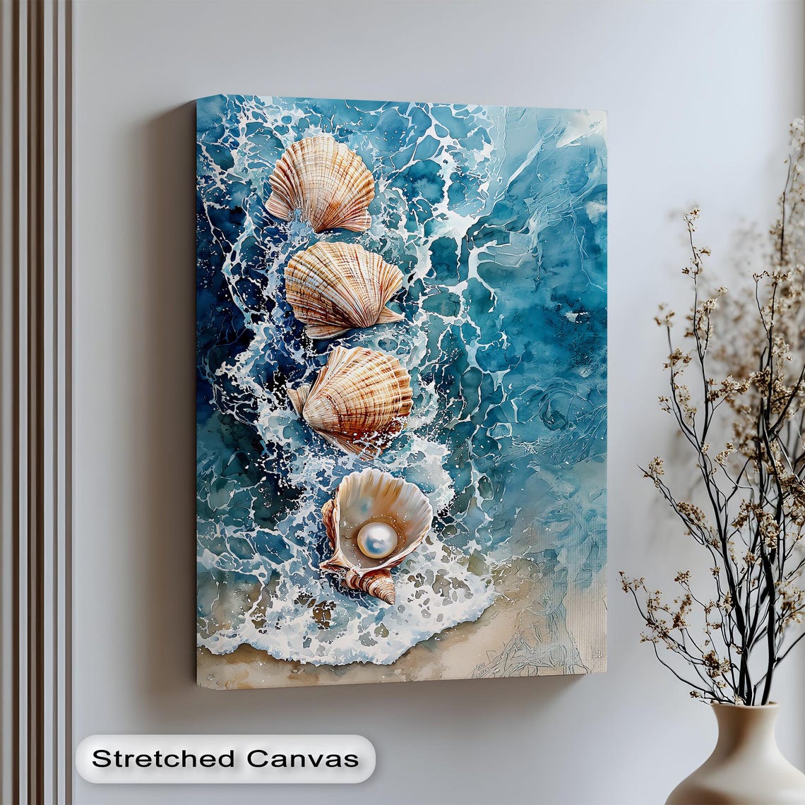 Scallop Shells in Ocean Waves Watercolor Pearl Coastal Poster