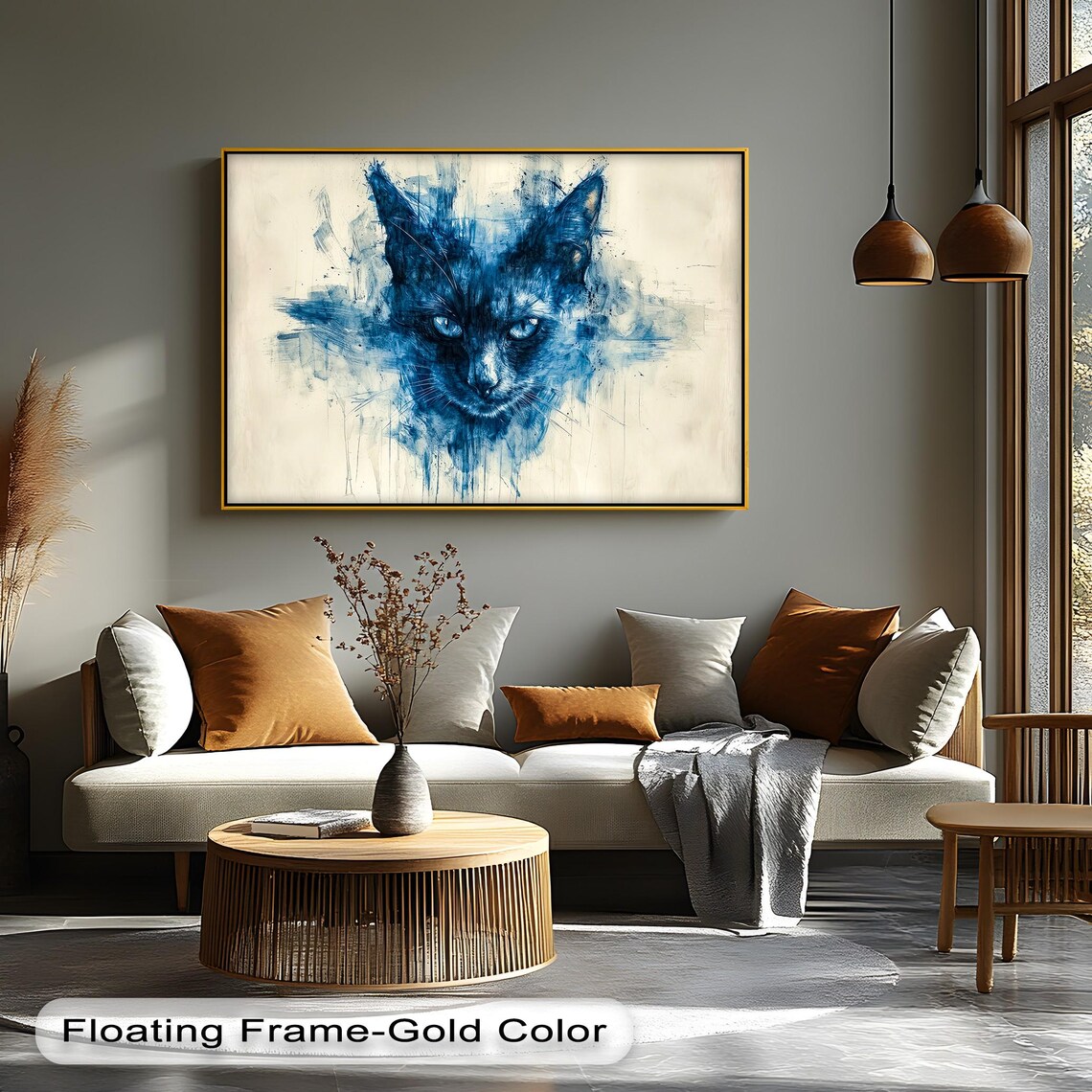 Blue Cat Canvas Wall Art Abstract Feline Portrait With Natural Frame