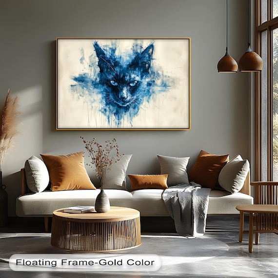 Blue Ink Cat Face Abstract Watercolor Splatter Cream Background Wall Art