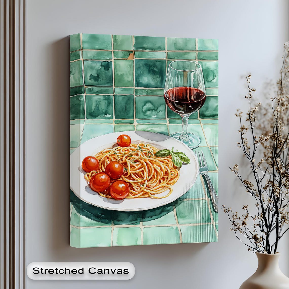 Spaghetti With Cherry Tomatoes and Red Wine Watercolor Italian Poster