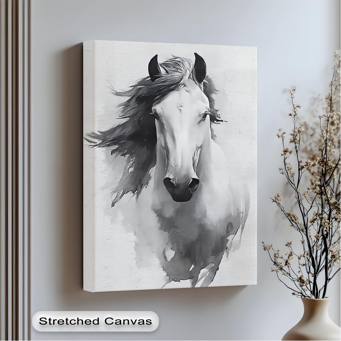 Black and White Watercolor Horse Portrait Minimalist Wall Art