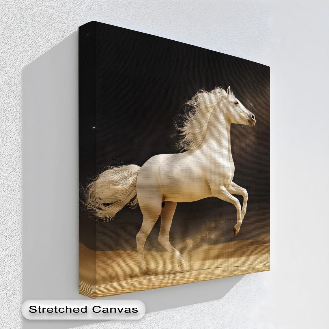 Majestic White Horse Galloping Golden Dust Dramatic Equine Wall Art