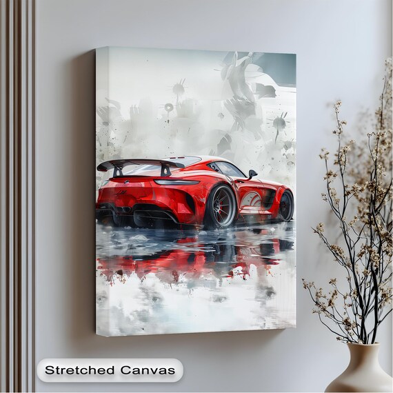 Red Supercar Wall Art Luxury Sports Car Print Abstract Urban Reflection