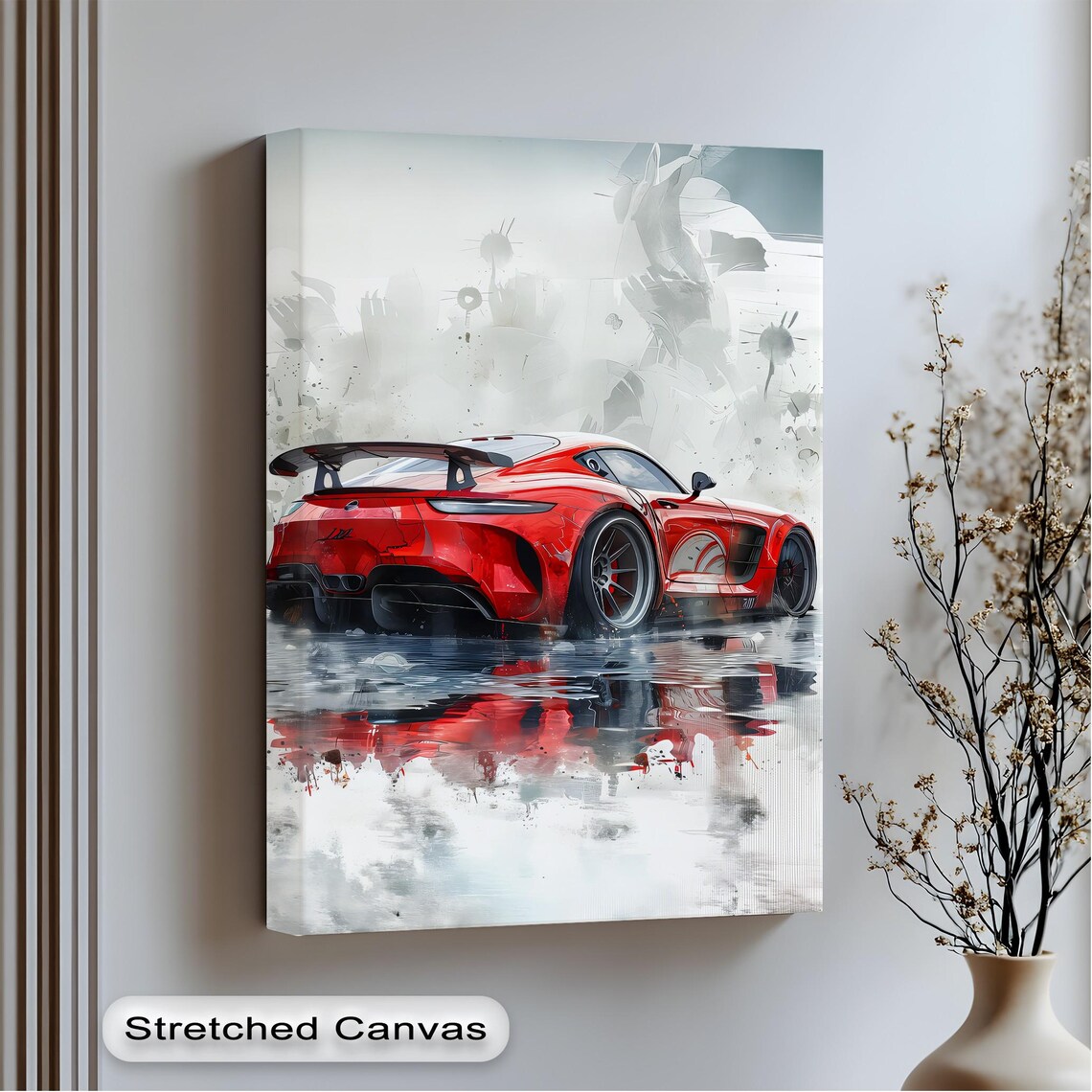 Red Supercar Wall Art Luxury Sports Car Print Abstract Urban Reflection