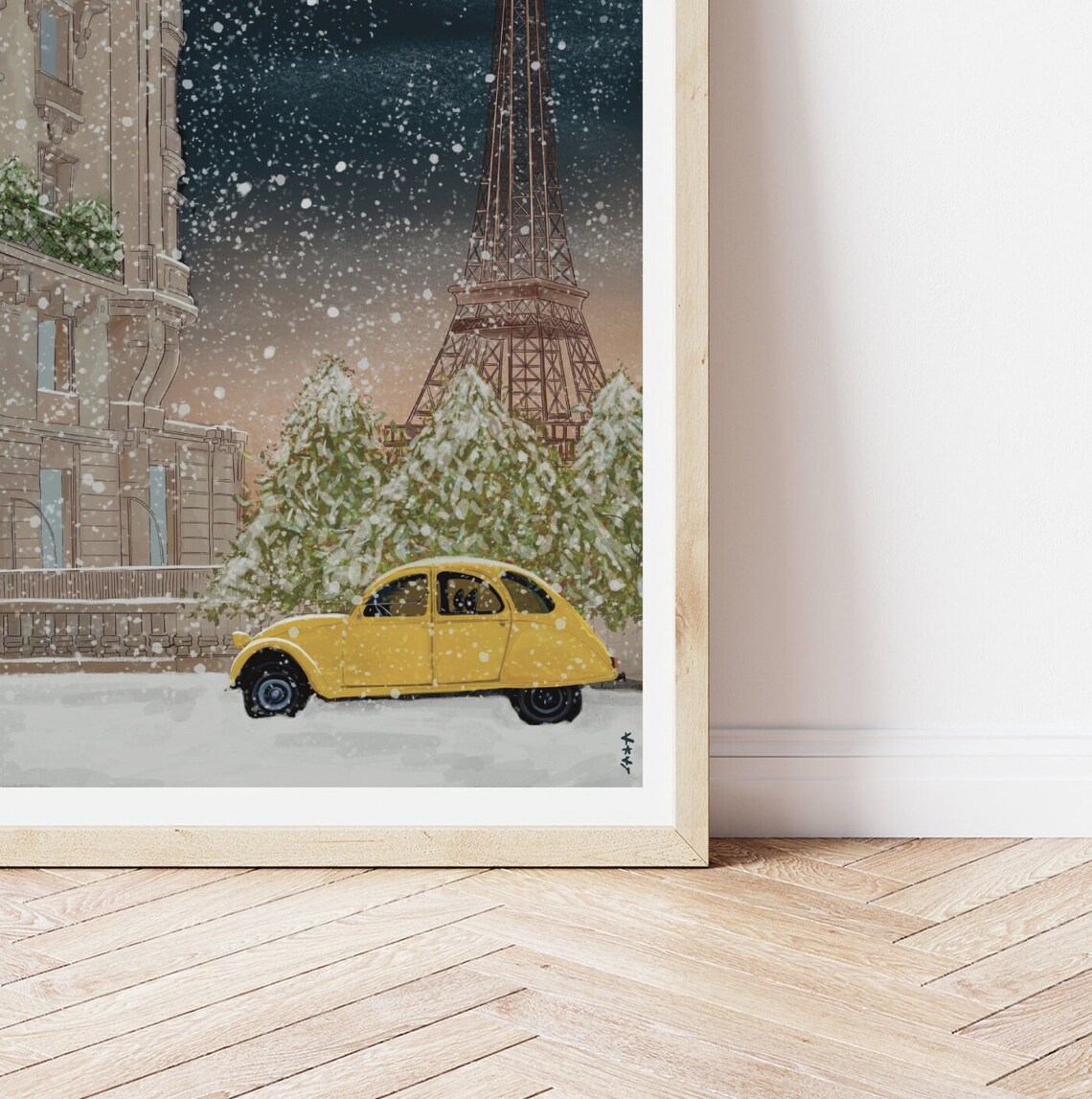 Paris Christmas Snowfall Eiffel Tower Yellow Vintage Citroen 2CV Poster - Image 2