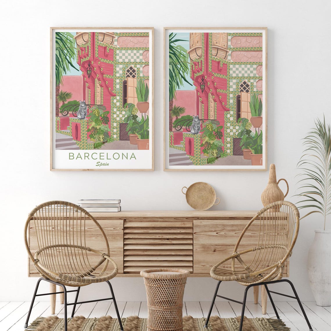 Barcelona Spain Gaudi Style Mosaic Facade Grey Cat Palm Trees Poster - Image 2
