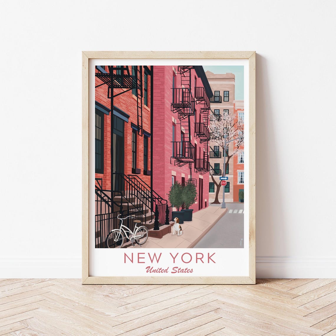New York West Village Red Brick Brownstones Fire Escapes Dog Poster - Image 3