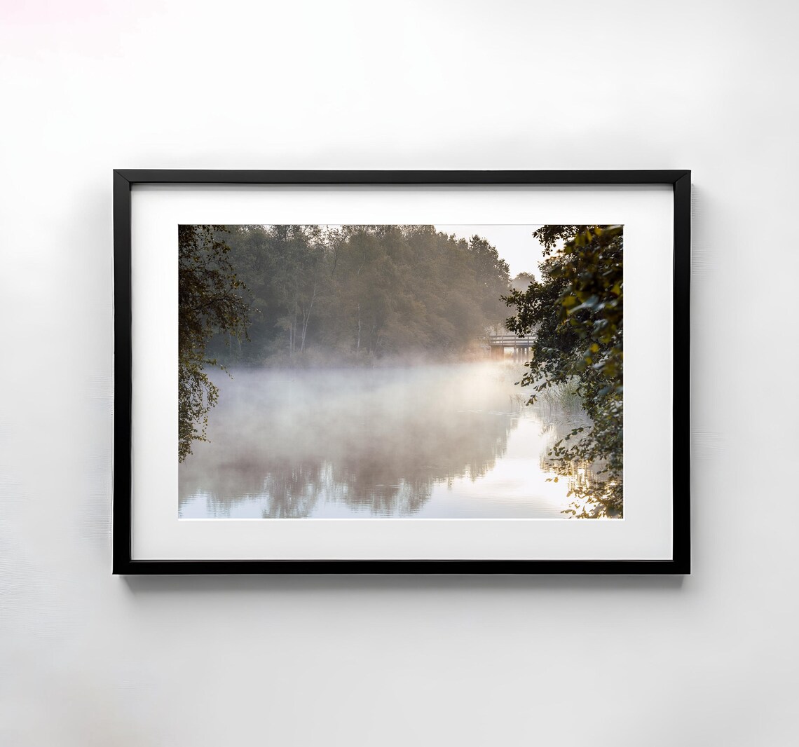 Misty Lake at Sunrise With a Distant Wooden Footbridge Photo Poster