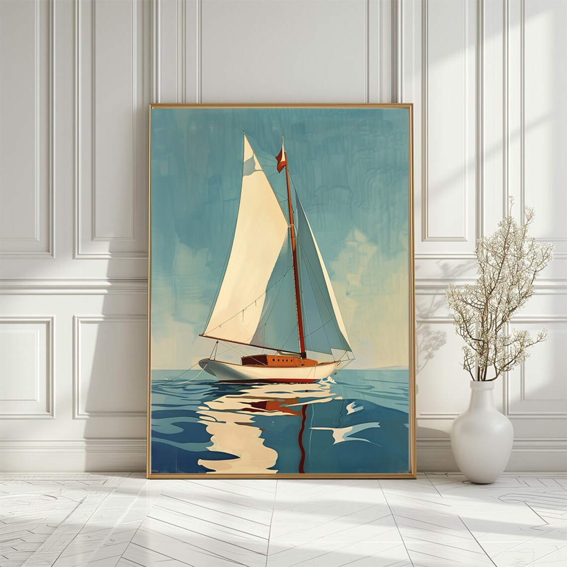 Vintage Sailboat Gliding On Calm Turquoise Blue Sea Art Print