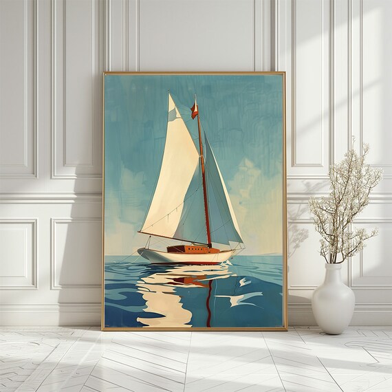 Vintage Sailboat Gliding On Calm Turquoise Blue Sea Art Print