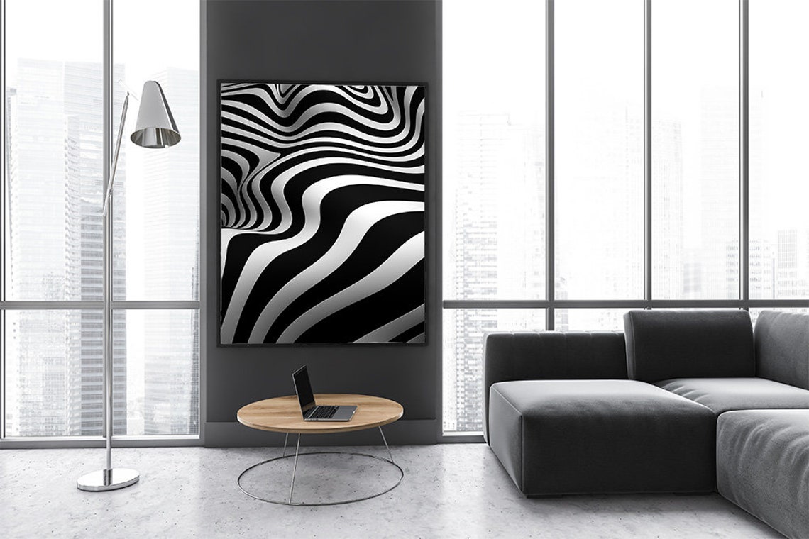 Black And White Abstract Flowing Waves Modern Optical Art Print - Image 3