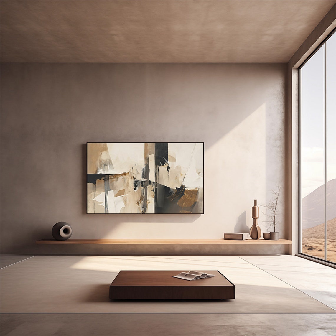 Beige Black Abstract Brushstroke Minimalist Modern Art Poster - Image 3