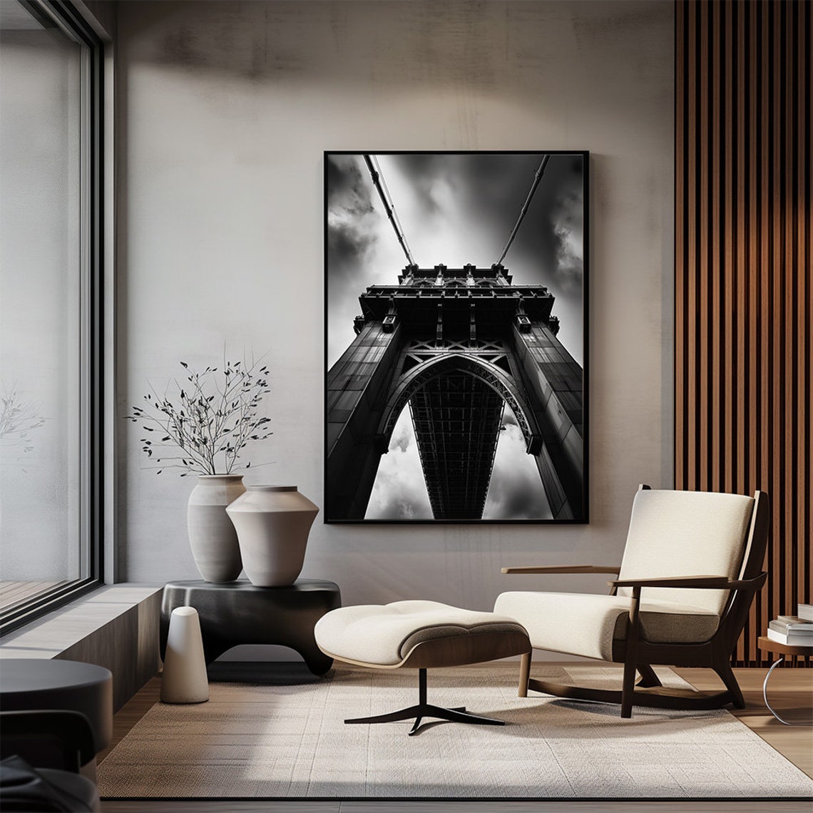 Dramatic Black And White Suspension Bridge Tower From Below Poster - Image 3