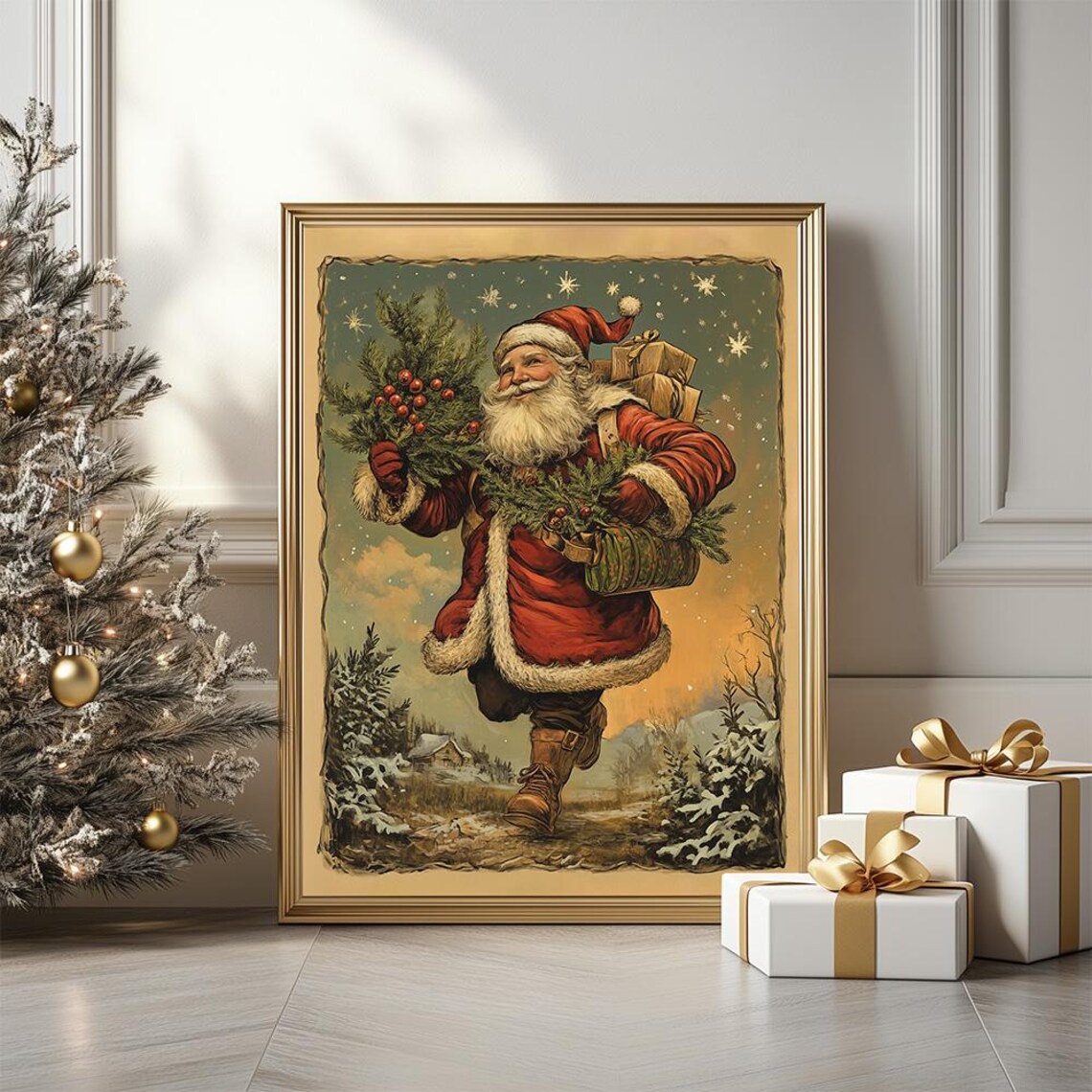 Vintage Santa Carrying Gifts Through A Snowy Night Christmas Poster