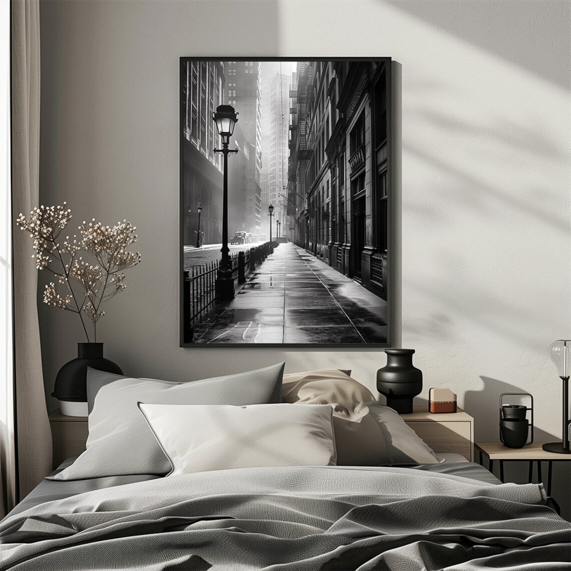 Black And White Vintage 1920s City Sidewalk Art Print - Image 3