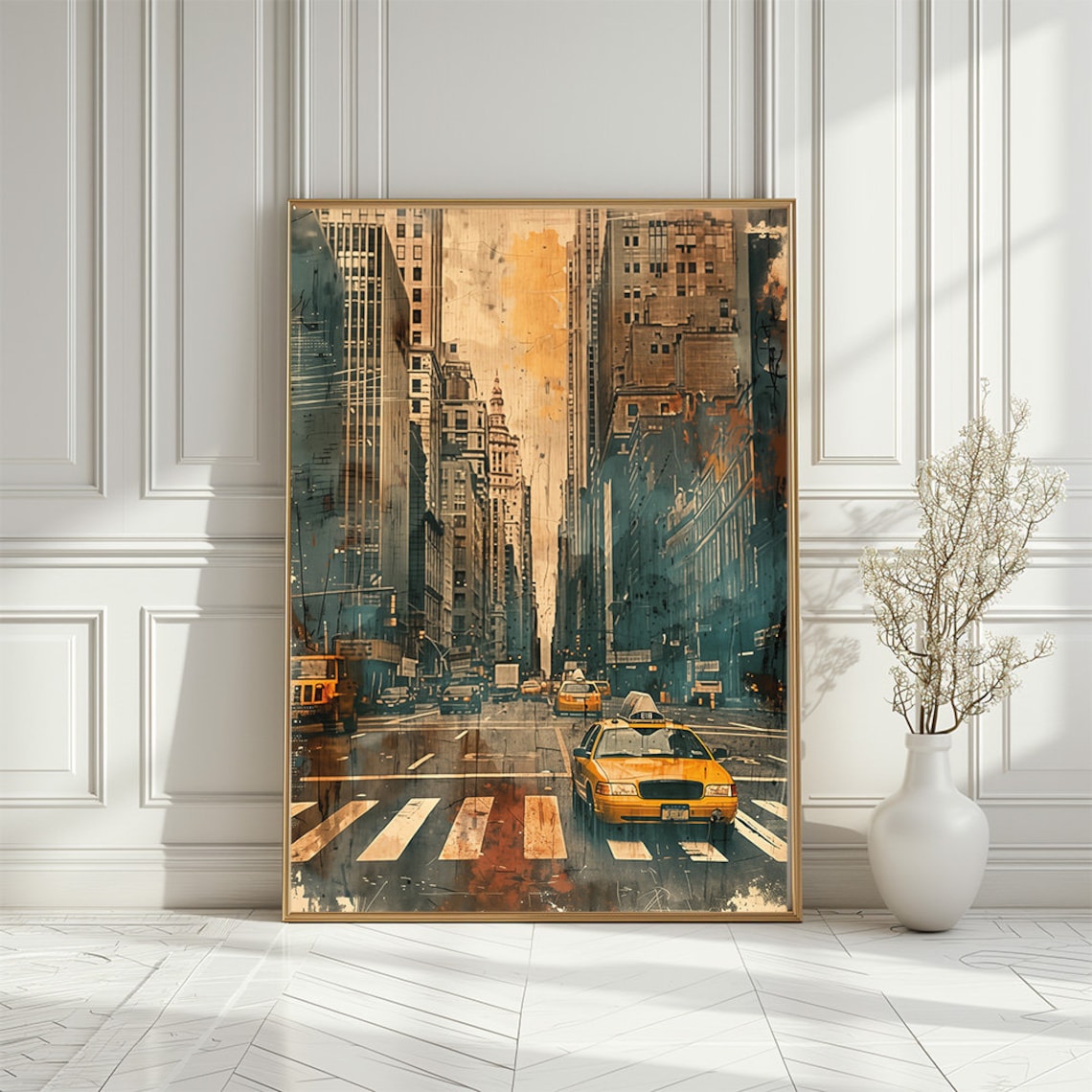 Retro New York City Street Yellow Cabs Vintage Travel Poster