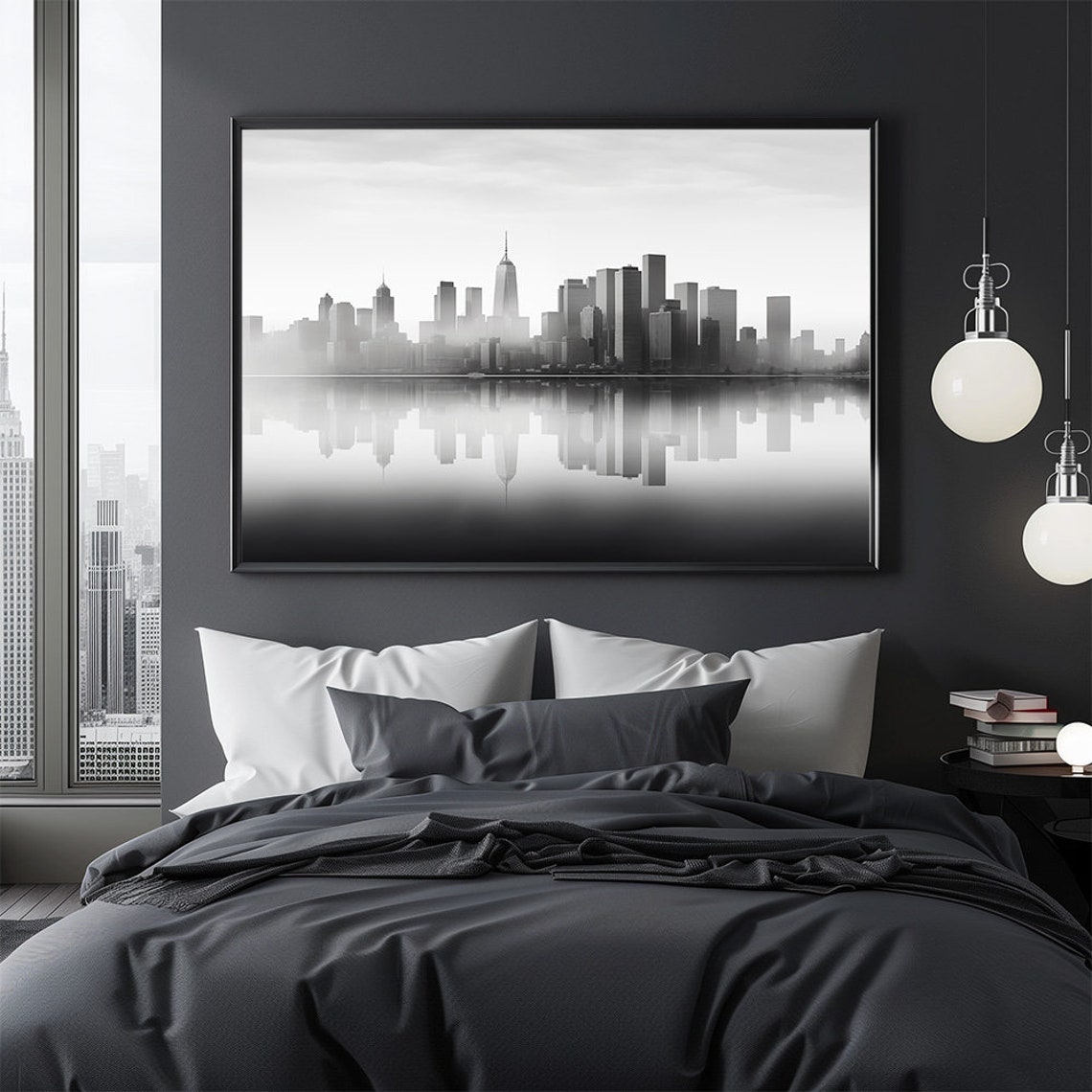 Black and White City Skyline Reflection Modern Abstract Poster - Image 2
