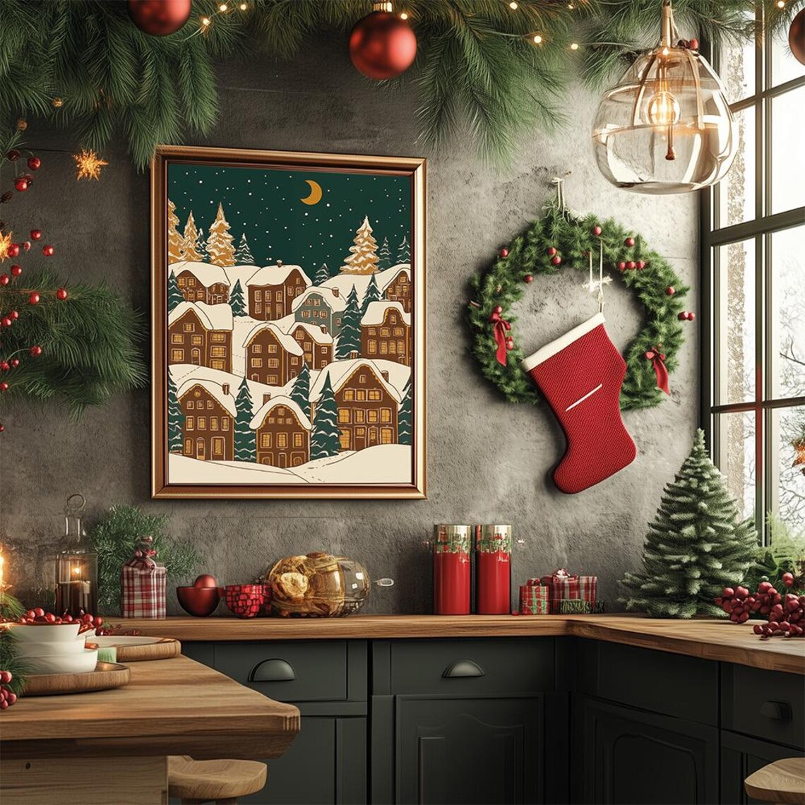 Gingerbread Village Snowy Night Illustrated Christmas Holiday Poster - Image 2