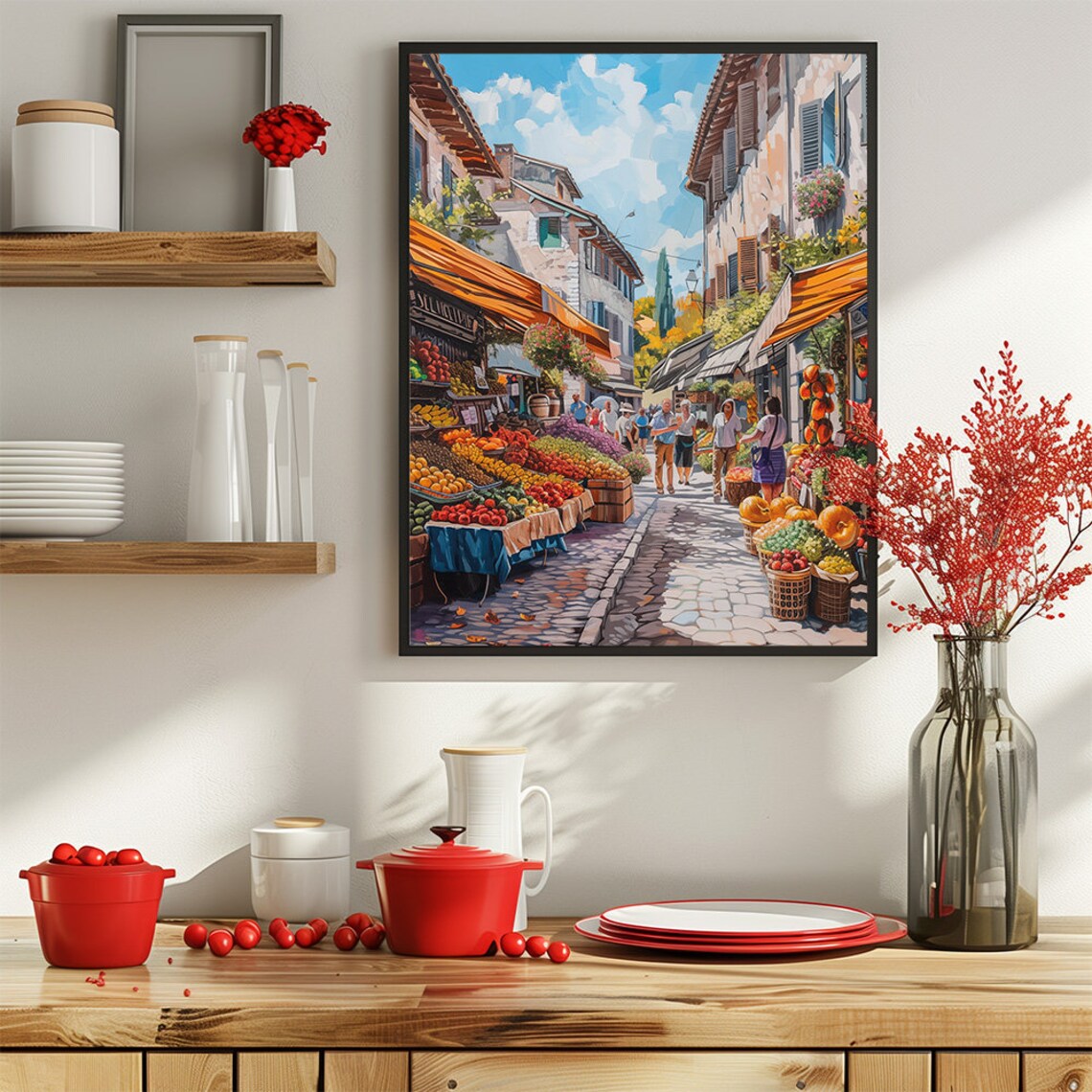 Colorful Mediterranean Village Street Market Fruit Stalls Poster - Image 3