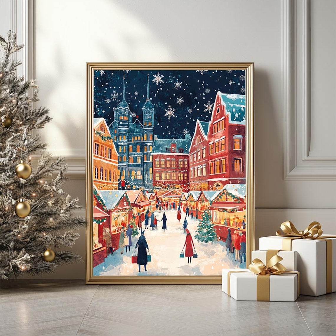 Nordic Christmas Night Market Snowy Village Holiday Art Poster