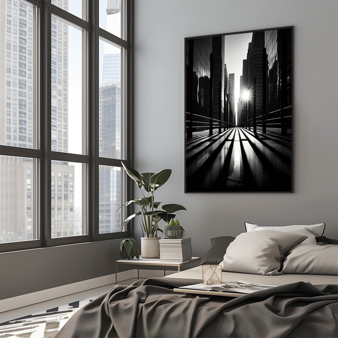 Black and White Big City Street Skyscraper Monochrome Art Poster - Image 3