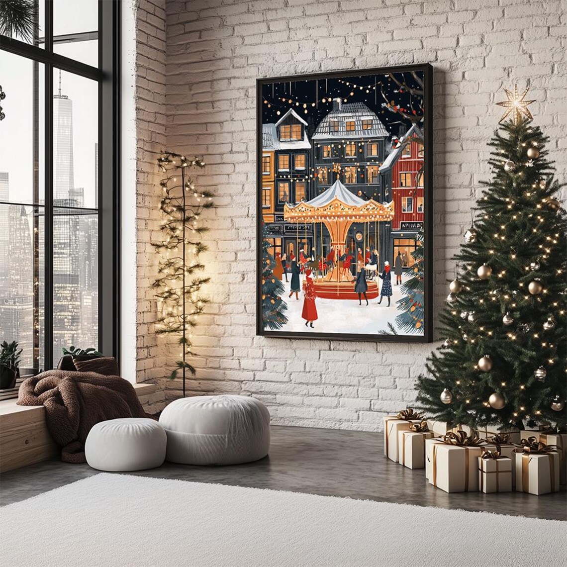 Snowy Christmas Carousel Village Square Winter Holiday Poster - Image 2