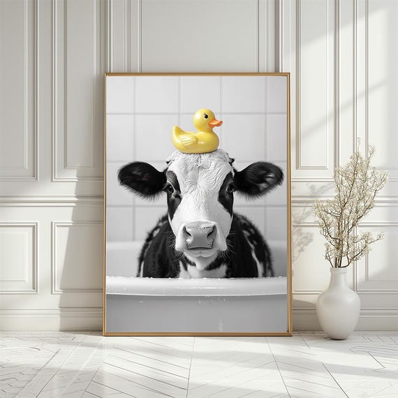 Cow In Bathtub With Rubber Duck Bathroom Poster Funny Kids Bathroom Print Black And White Animal Having Bath Art Print