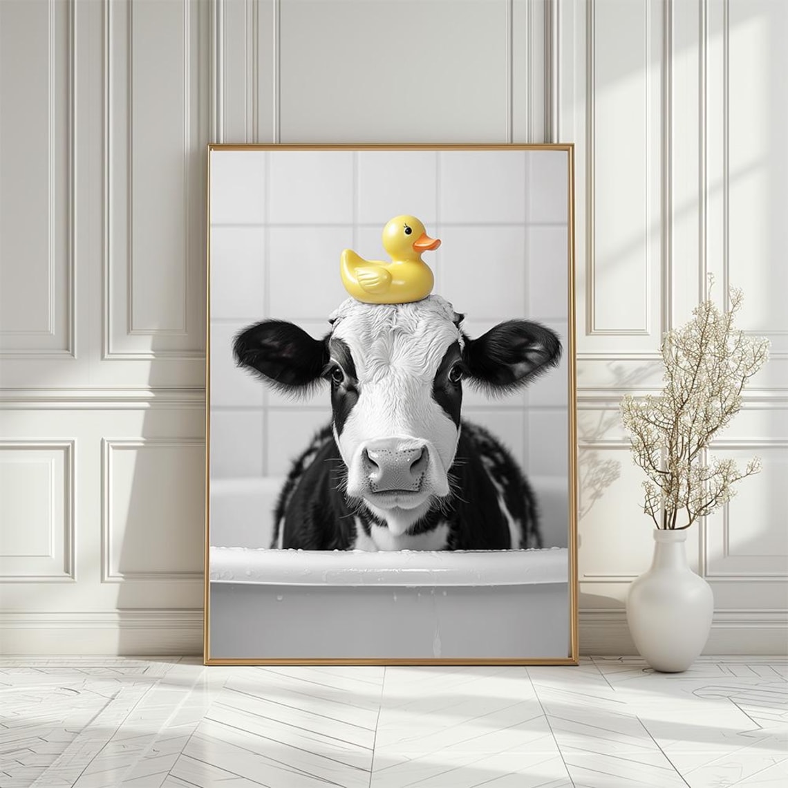 Baby Cow In Bathtub With Yellow Rubber Duck Funny Bathroom Poster