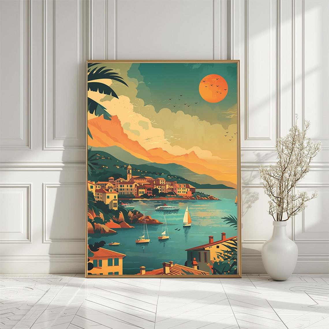 French Riviera Harbor Sunset Retro Travel Illustration Poster