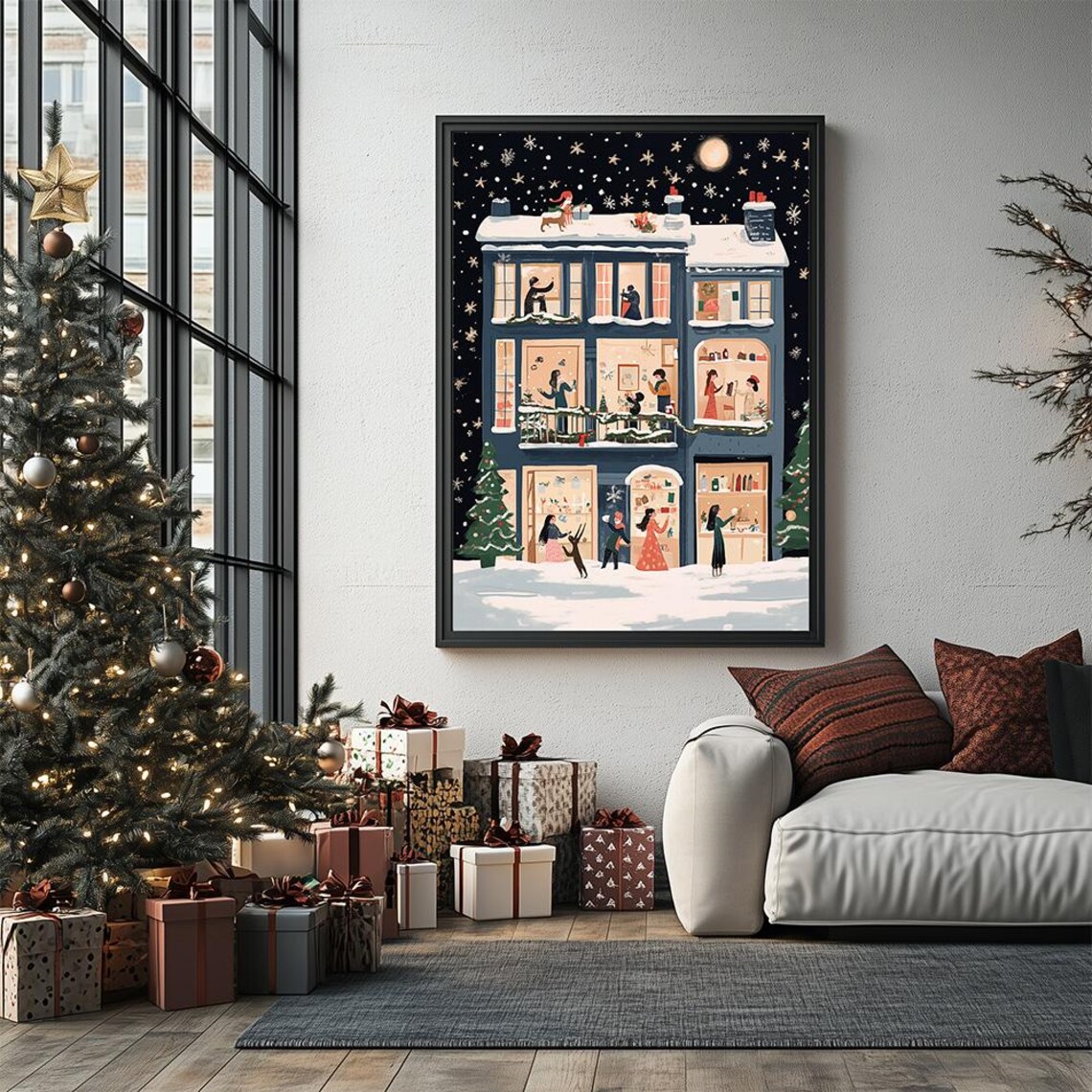 Snowy Winter Apartment Building Night Scene Moon Painting Poster - Image 3
