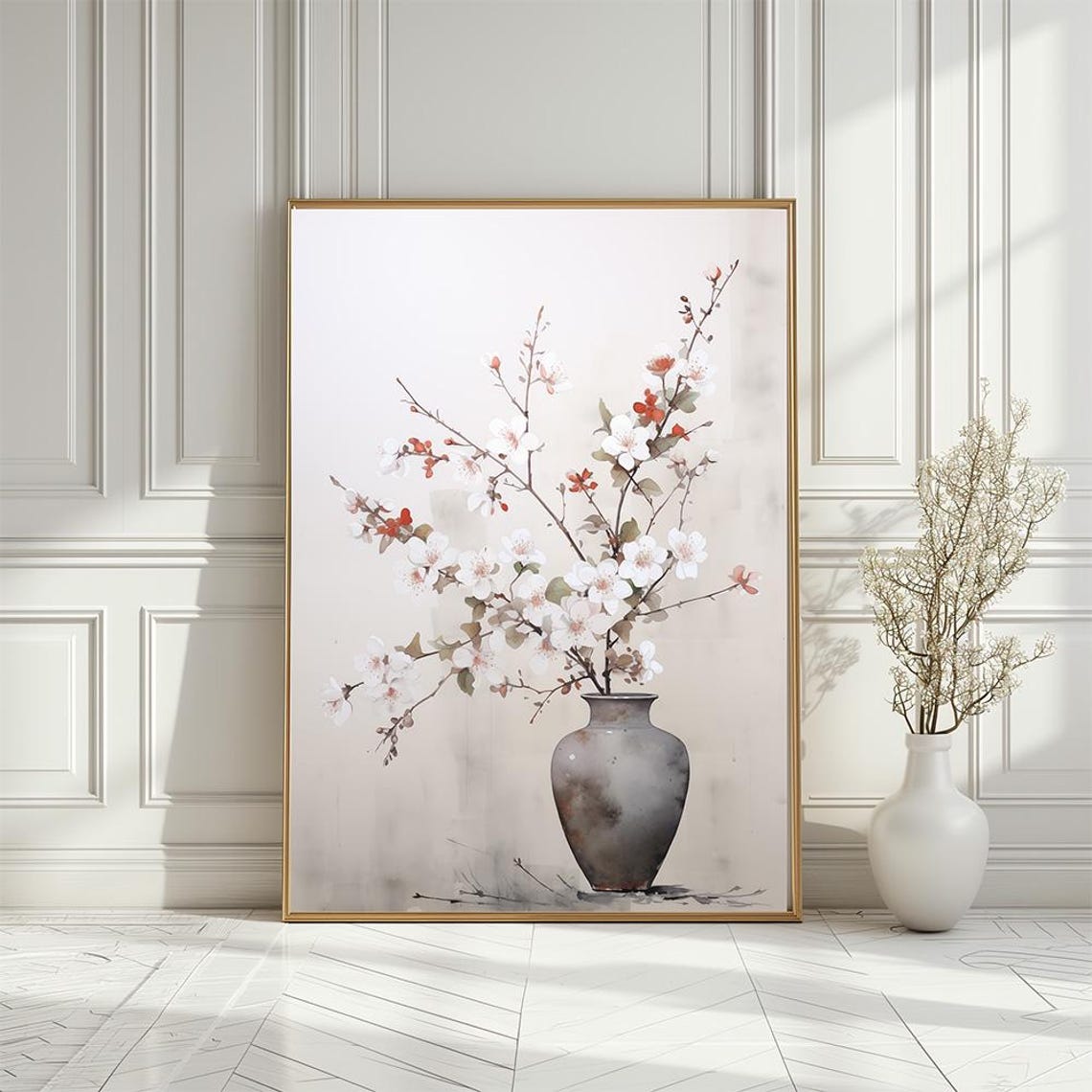 Watercolor Cherry Blossom Branches In A Dark Ceramic Vase Poster