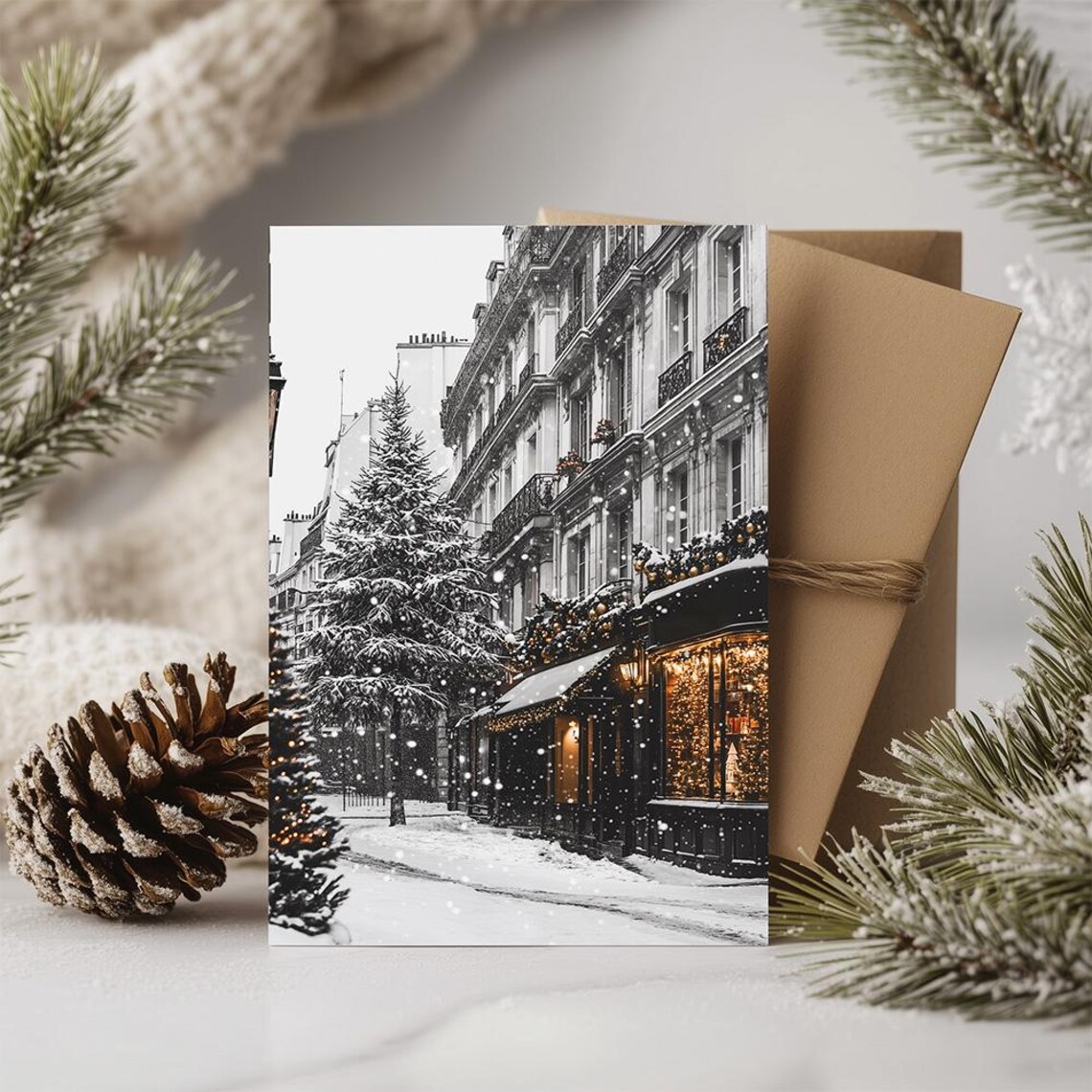 Paris Snowy Winter Christmas Street Black and White Travel Poster - Image 2