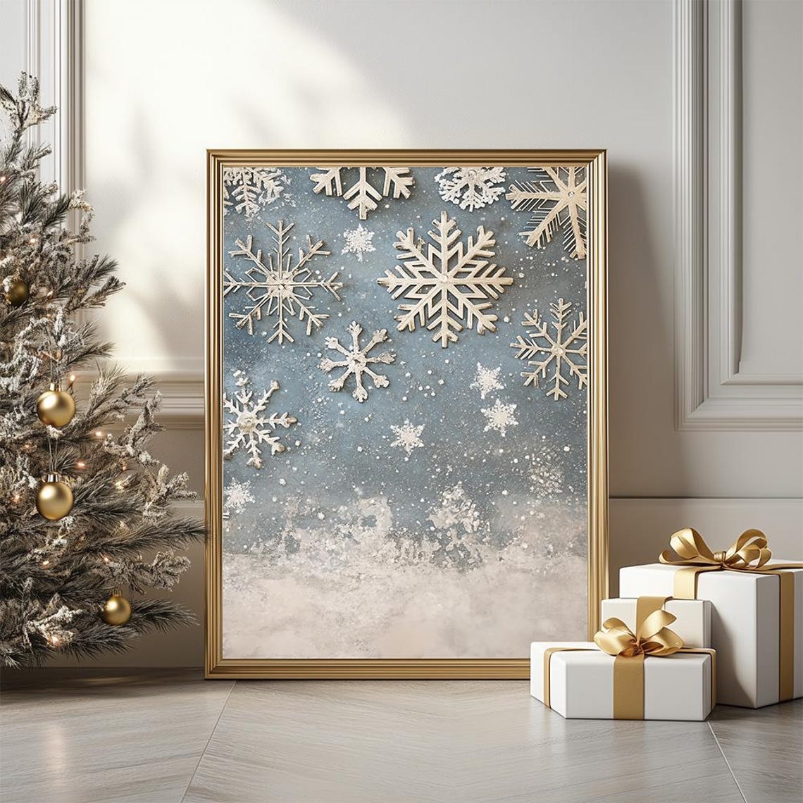 Elegant Silver Snowflakes Winter Wonderland Scene Art Poster