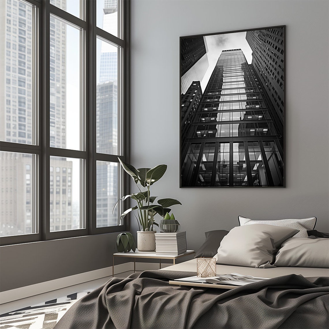 Black and White Skyscraper Looking Upwards City Architecture Poster - Image 2
