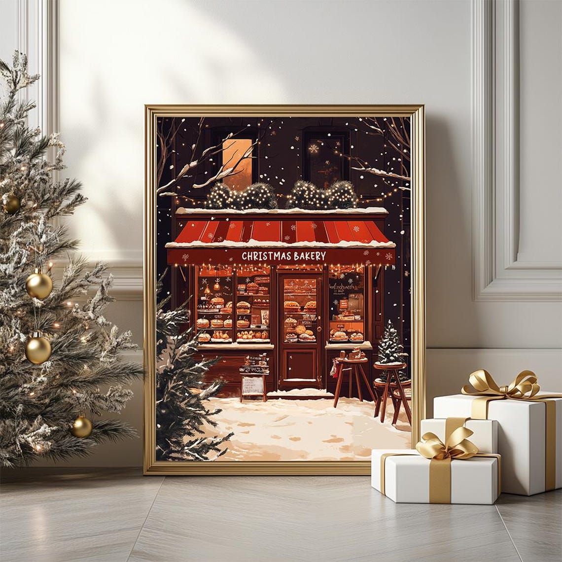 Christmas Bakery Shop Snowy Night Storefront Scene Painting Poster - Image 3